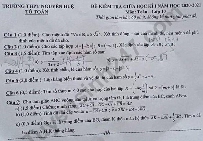 De kiem tra giua HK1 nam 2020 Toan lop 10 THPT Nguyen Hue