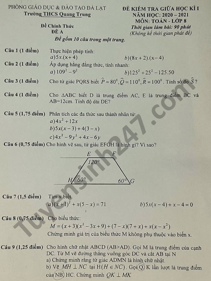 De kiem tra giua HK1 nam 2020 lop 8 THCS Quang Trung mon Van