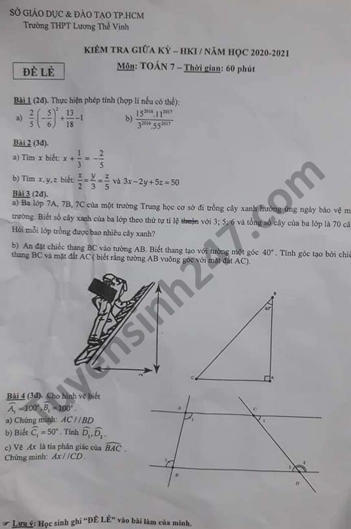 De kiem tra giua HK1 nam 2020 THPT Luong The Vinh Toan lop 7