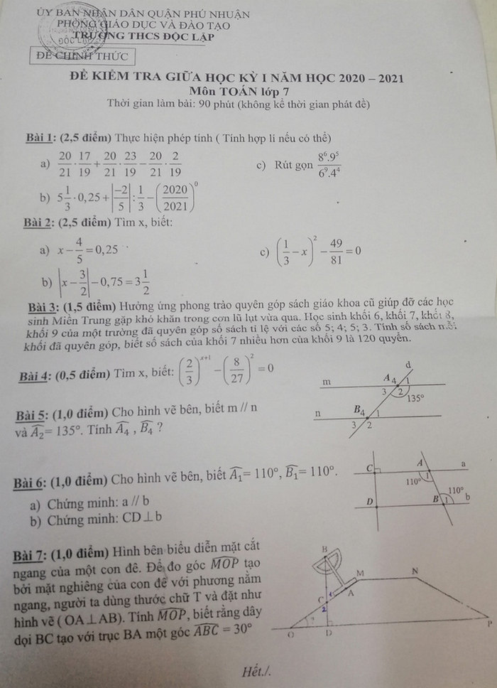 De kiem tra giua HK1 nam 2020 THCS Doc Lap mon Toan lop 7