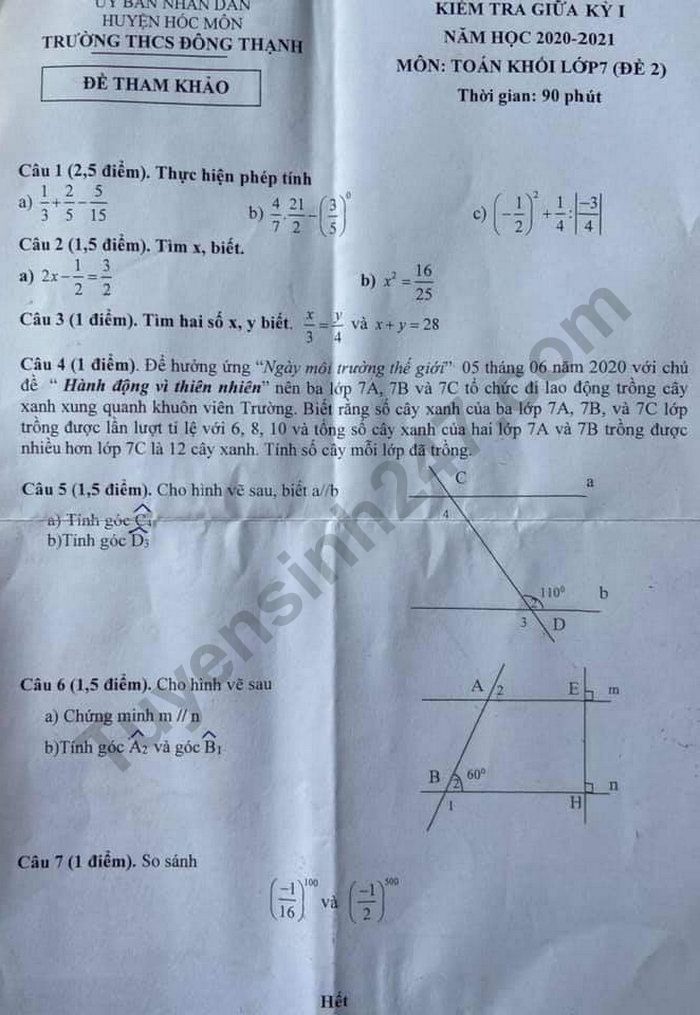 De kiem tra giua ki 1 mon Toan lop 7 - THCS Dong Thanh 2020