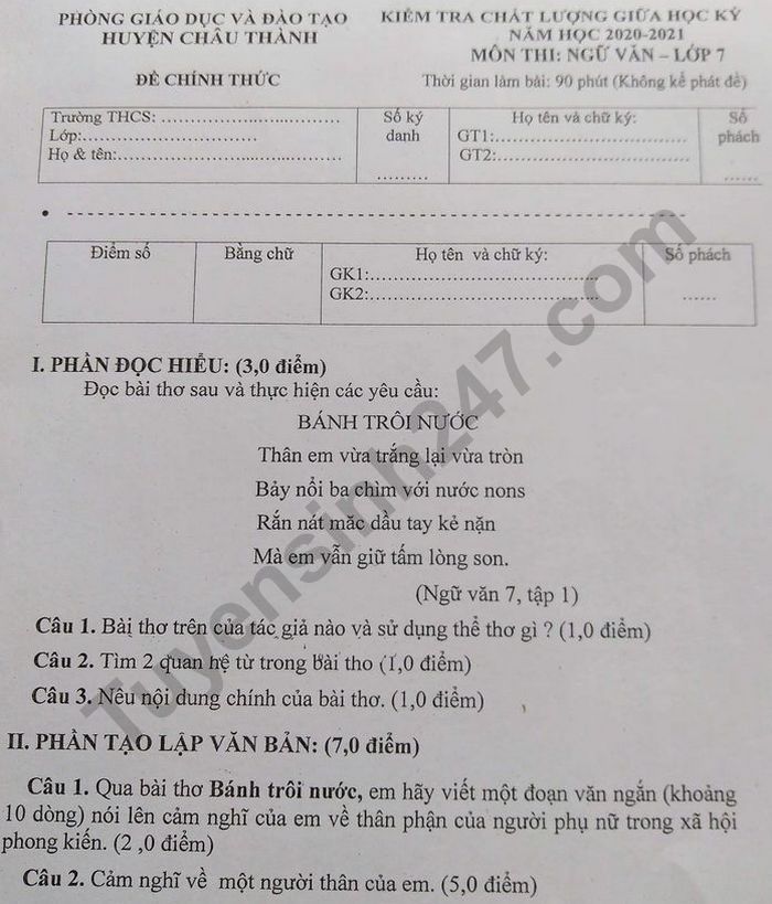 De kiem tra giua HK1 nam 2020 huyen Chau Thanh mon Van lop 7