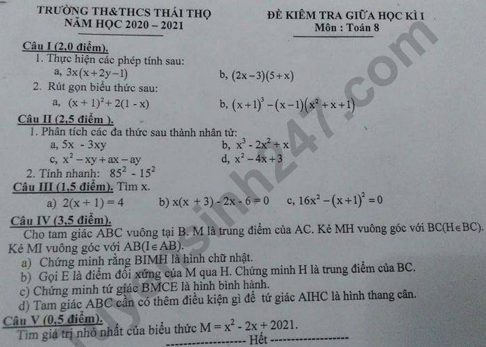 De kiem tra giua HK1 TH-THCS Thai Tho mon Toan lop 8 nam 2020