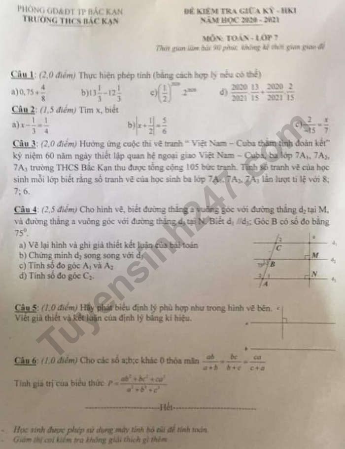 De kiem tra giua ki 1 THCS Bac Kan nam 2020 mon Toan lop 7