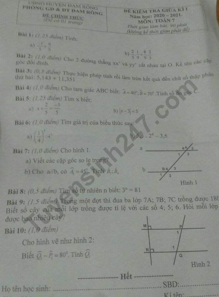 De kiem tra giua HK1 Phong GD Dam Rong nam 2020 mon Toan 7