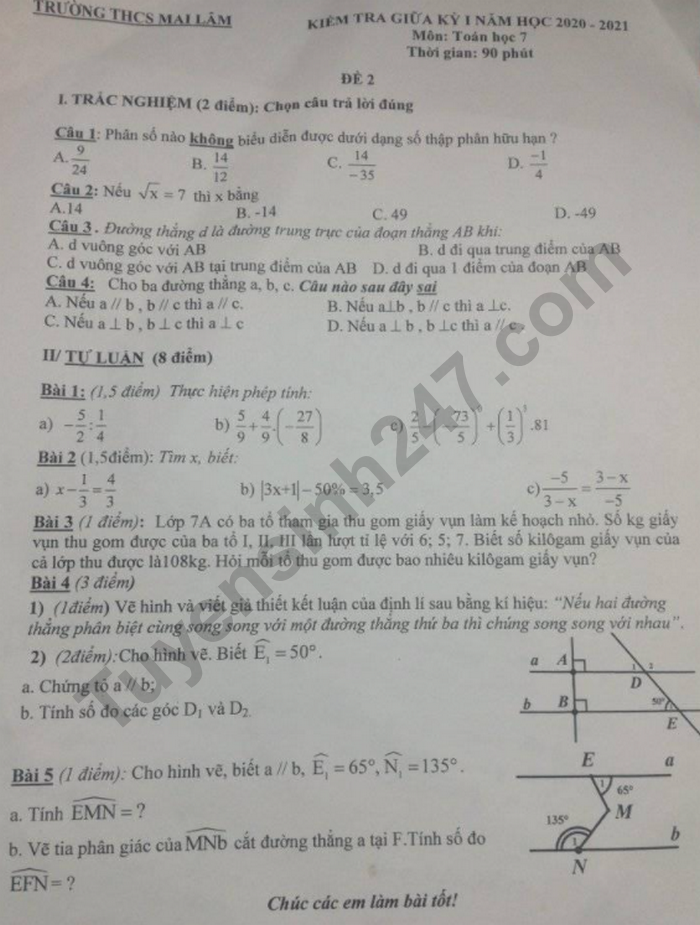 De kiem tra giua ki 1 mon Toan lop 7 THCS Mai Lam 2020