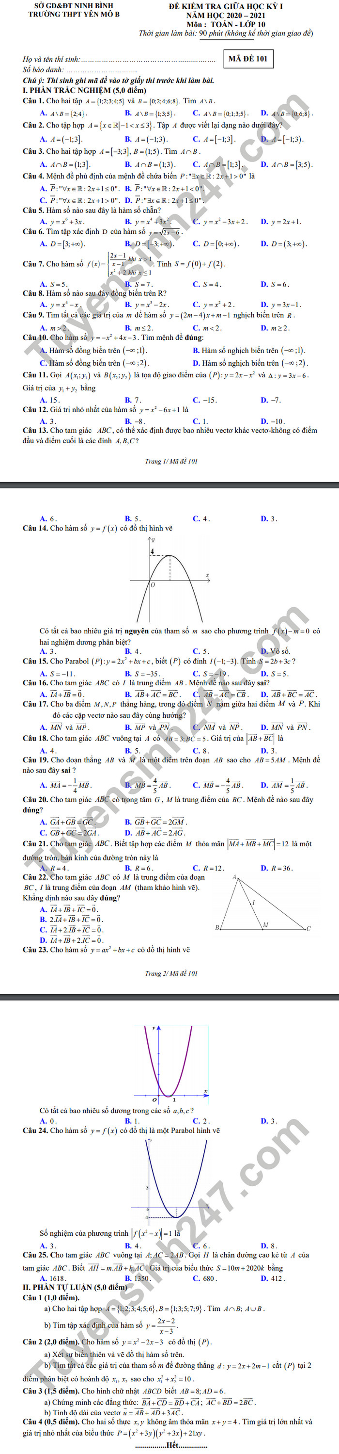 De kiem tra giua HK1 nam 2020 THPT Yen Mo B Toan lop 10