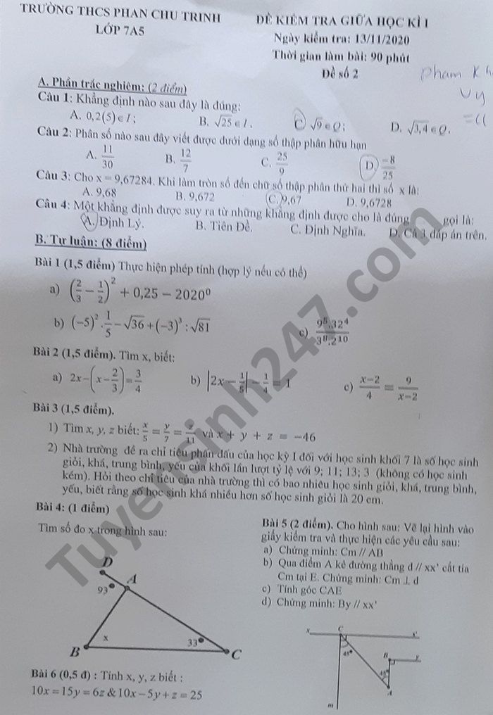 De kiem tra giua HK1 Toan lop 7 nam 2020 THCS Phan Chu Trinh