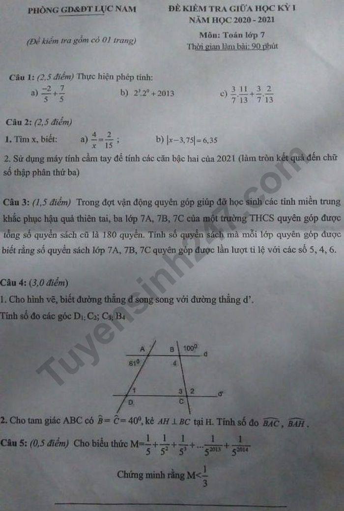 De kiem tra giua HK1 nam 2020 Phong GD Luc Nam mon Toan lop 7