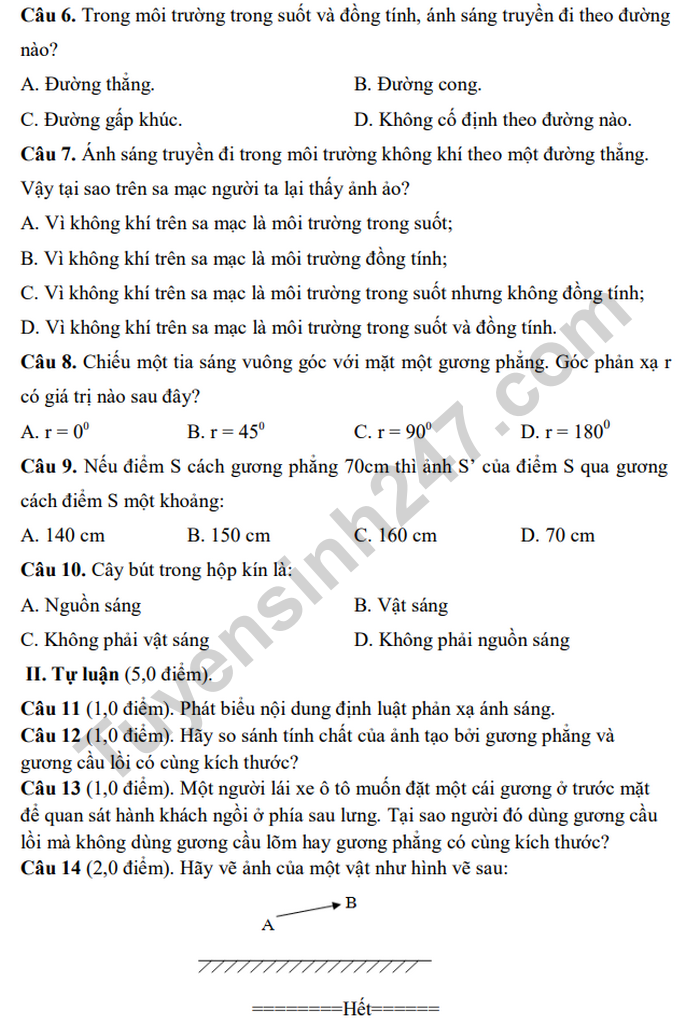 De kiem tra giua ki 1 mon Vat Li lop 7 TH&THCS Xa Tong Dau 2020