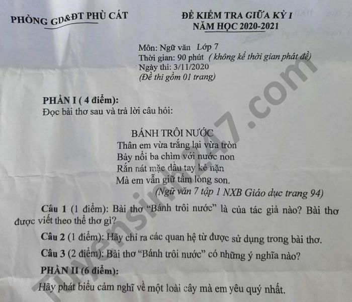 De kiem tra giua HK1 nam 2020 Phong GD Phu Cat Van lop 7