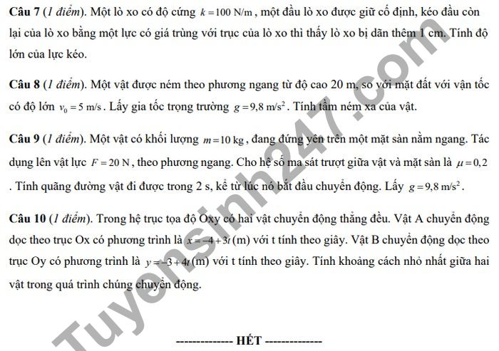 De cuong on tap HK1 mon Vat Li 10 THPT Tran Phu - Hoan Kiem 2020