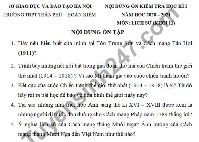De cuong on tap ki 1 THPT Tran Phu - Hoan Kiem lop 11 mon Su 2020