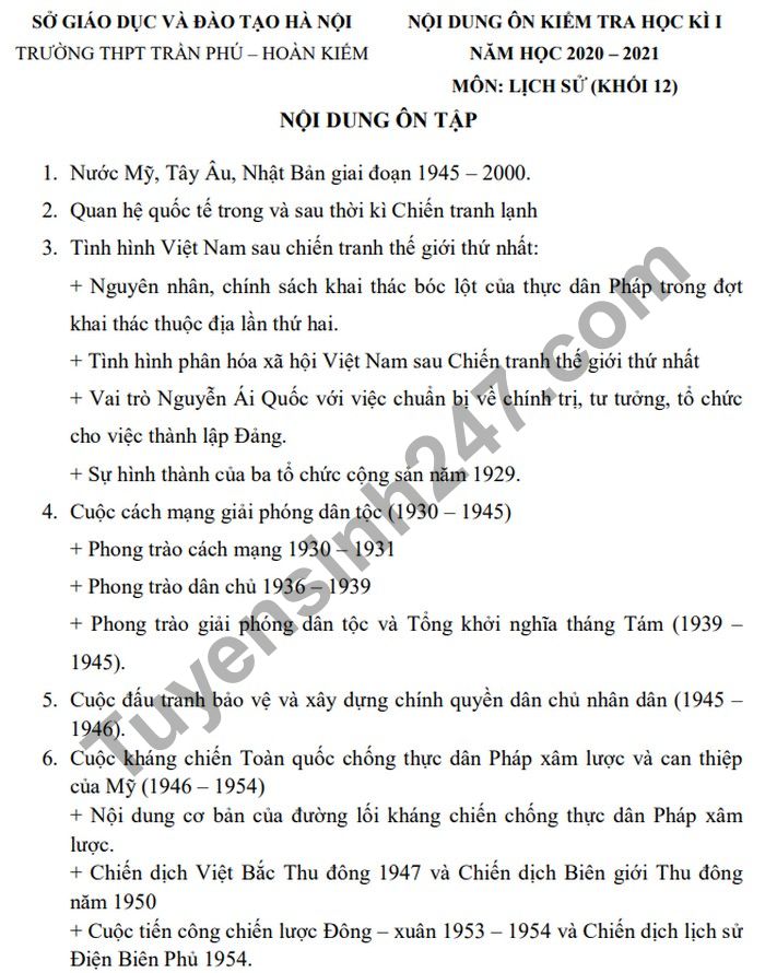 De cuong on ki 1 mon Su THPT Tran Phu - Hoan Kiem lop 12 nam 2020