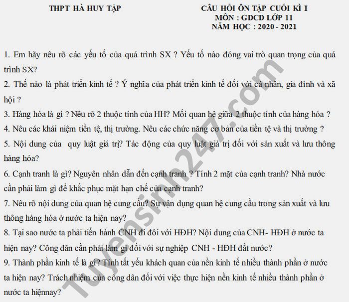 De cuong HK1 THPT Ha Huy Tap mon GDCD lop 11 nam 2020