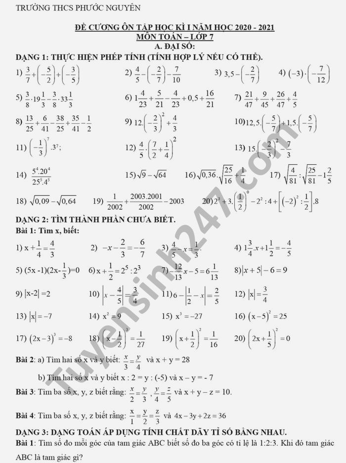 De cuong HK1 mon Toan lop 7 THCS Phuoc Nguyen nam 2020