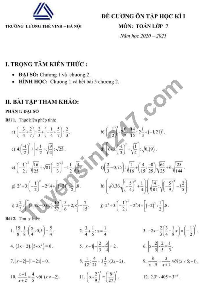 De cuong on tap HK1 mon Toan lop 7 Truong Luong The Vinh 2020