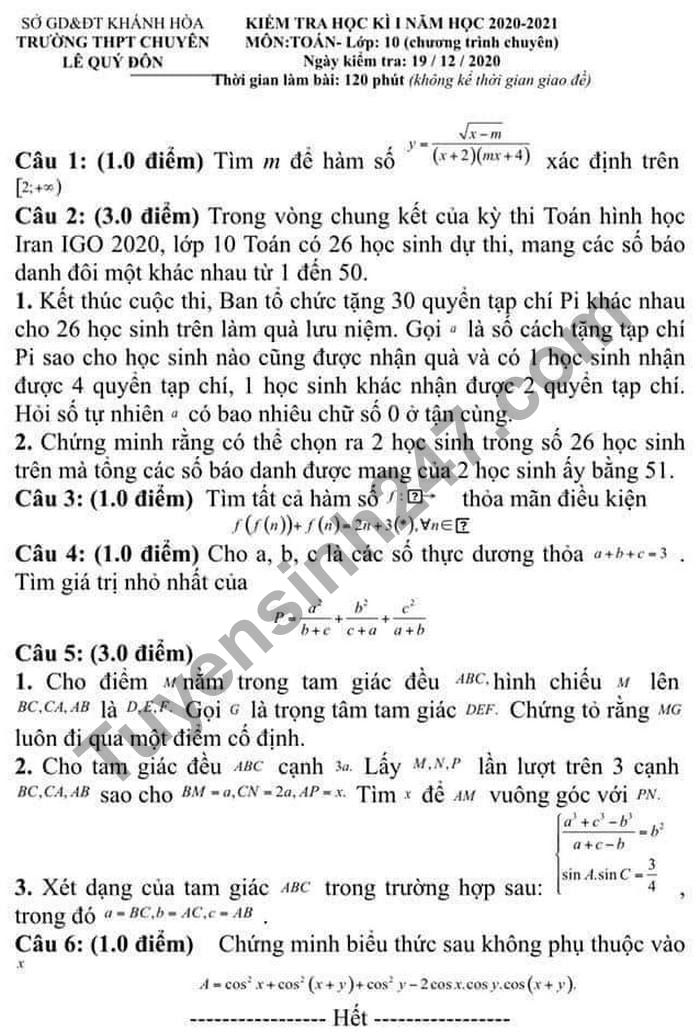 De kiem tra HK1 2020 mon Toan lop 10 THPT Chuyen Le Quy Don