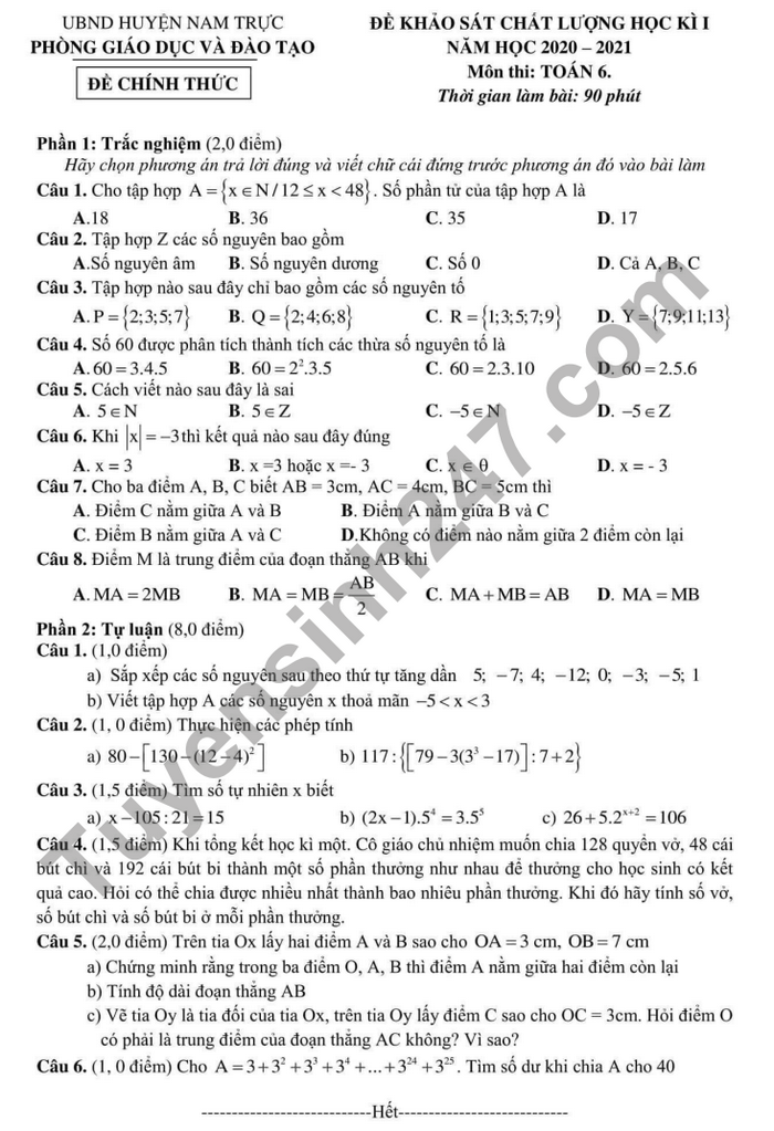 De thi HK1 mon Toan lop 6 huyen Nam Truc nam 2020