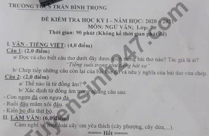 De thi hoc ki 1 THCS Tran Binh Trong nam 2020 mon Van lop 7