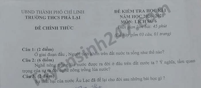 De thi hoc ki 1 THCS Pha Lai mon Su lop 6 nam 2020