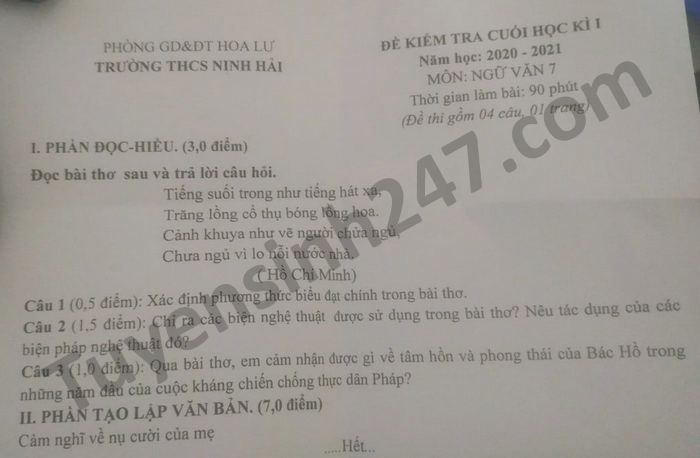 De thi hoc ki 1 THCS Ninh Hai mon Van lop 7 nam 2020
