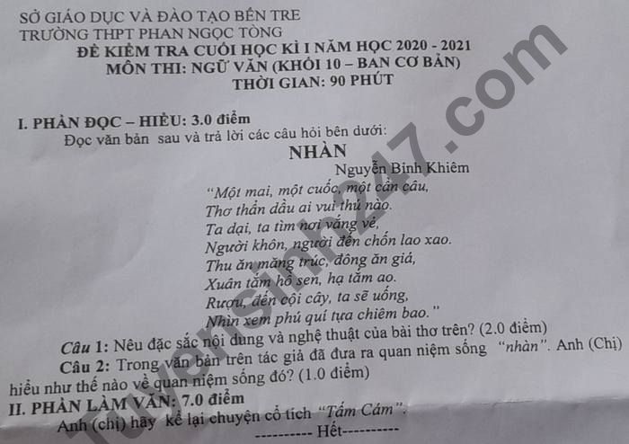 De thi hoc ki 1 mon Van lop 10 THPT Phan Ngoc Tong 2020