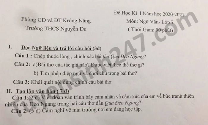 De thi hoc ki 1 THCS Nguyen Du mon Van lop 7 nam 2020