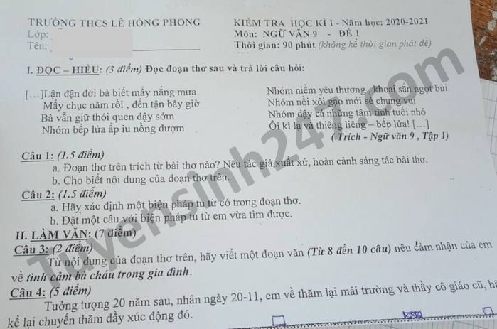 De thi hoc ki 1 THCS Le Hong Phong nam 2020 Van lop 9