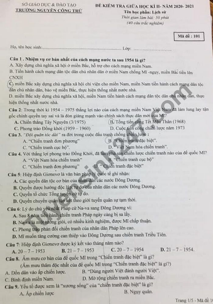 đề Thi Giữa Ki 2 Năm 21 Thpt Nguyễn Cong Trứ Lớp 12 Mon Sử