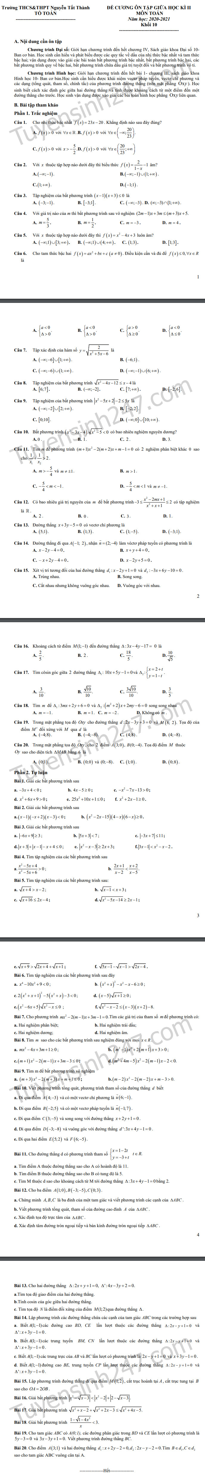 De cuong giua ki 2 lop 10 mon Toan THCS&THPT Nguyen Tat Thanh 2021