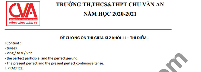 De cuong mon Anh giua ki 2 lop 11 TH,THCS&THPT Chu Van An 2021