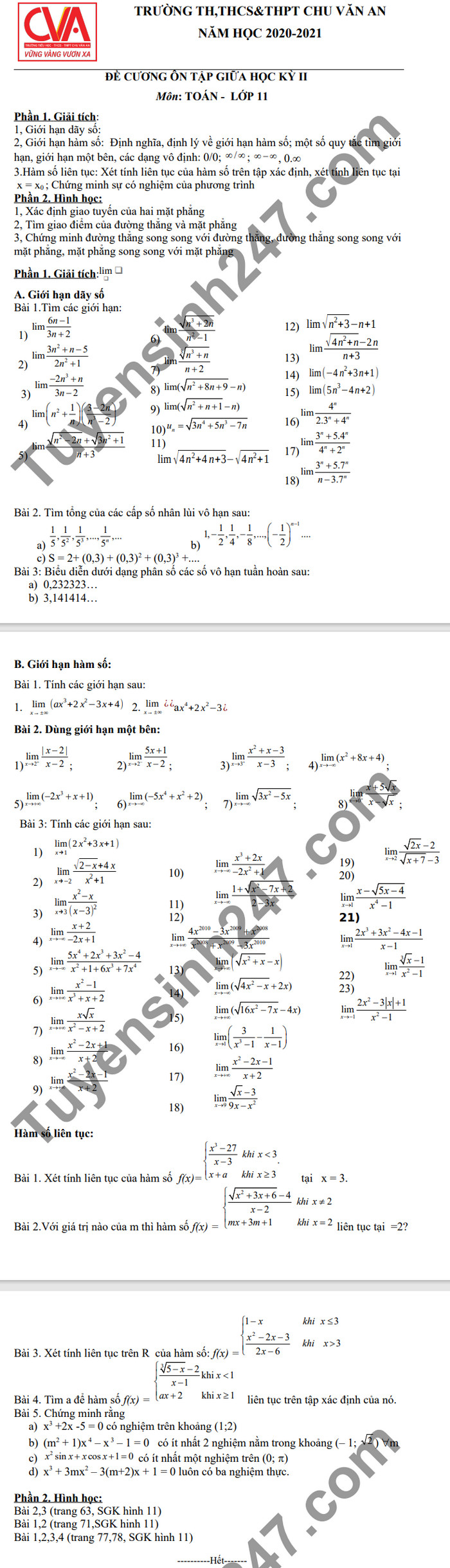 De cuong mon Toan giua ki 2 lop 11 TH,THCS&THPT Chu Van An 2021