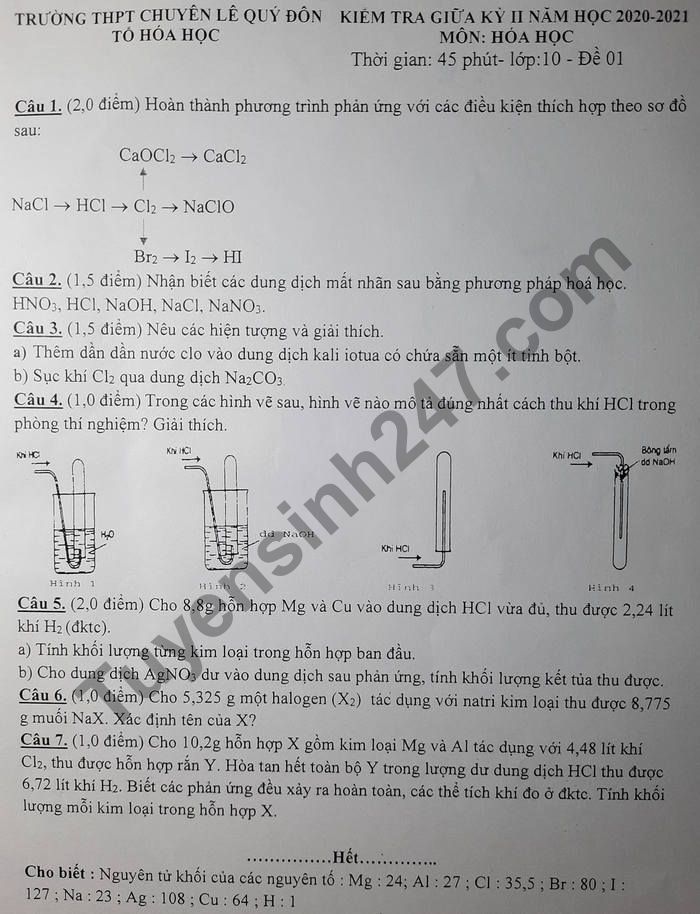 De thi giua ki 2 nam 2021 THPT Chuyen Le Quy Don lop 10 mon Hoa