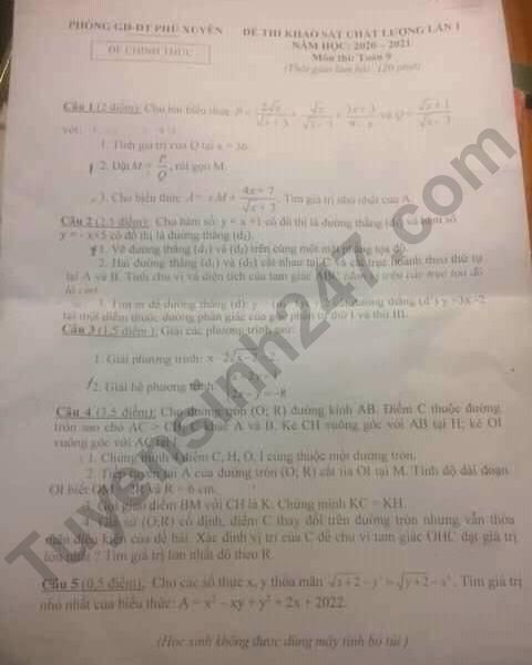 Đề thi thử vào lớp 10 năm 2021 môn Toán - Phú Xuyên
