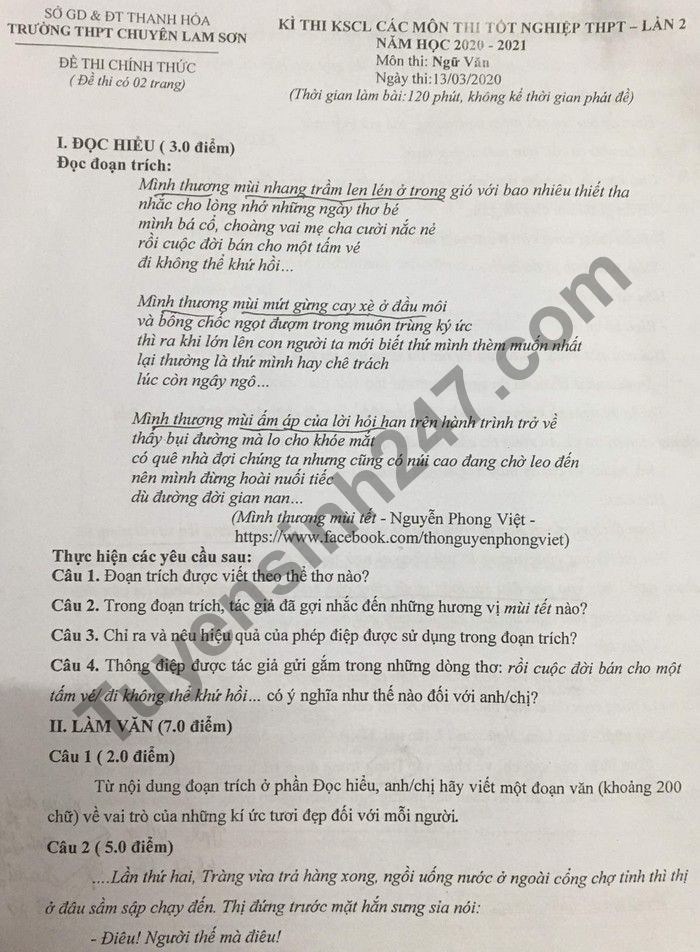 De KSCL thi tot nghiep THPT mon Van 2021 lan 2 - THPT Chuyen Lam Son