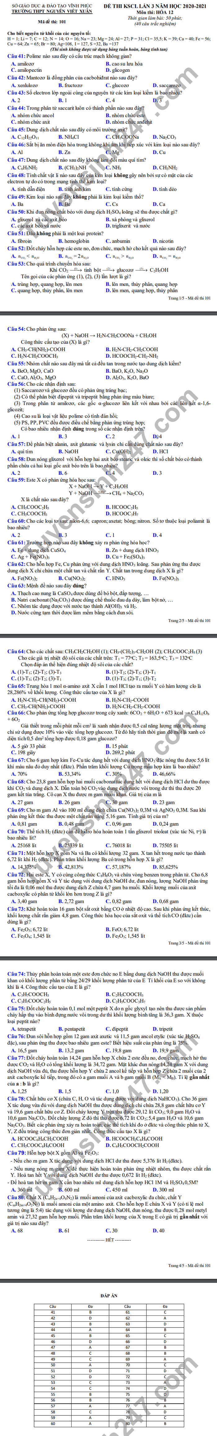 Dap an de khao sat chat luong 2021 Hoa lop 12 THPT Nguyen Viet Xuan lan 3