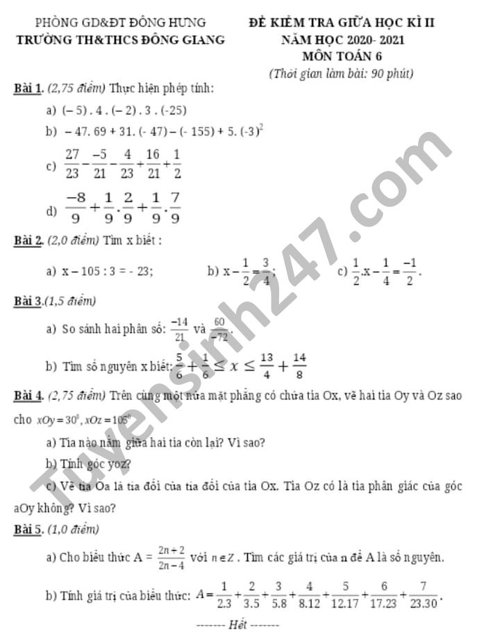 De thi giua ki 2 nam 2021 mon Toan lop 6 TH-THCS Dong Giang