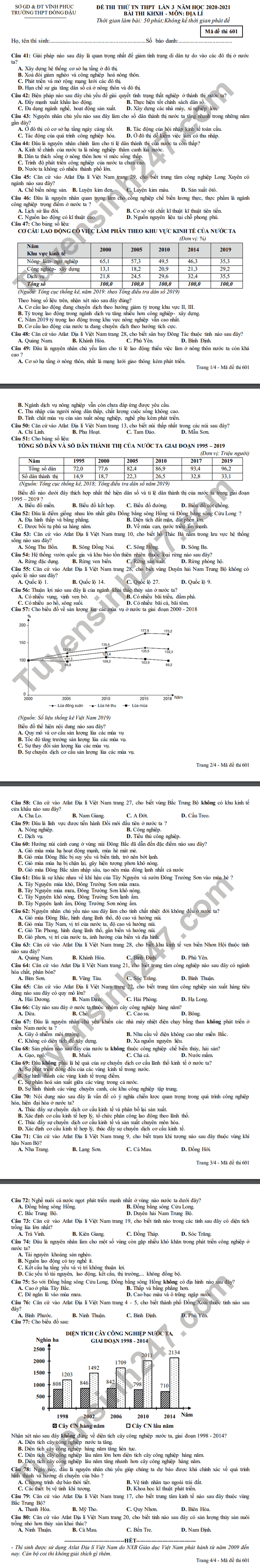 De thi thu tot nghiep THPT 2021 lan 3 THPT Dong Dau mon Dia