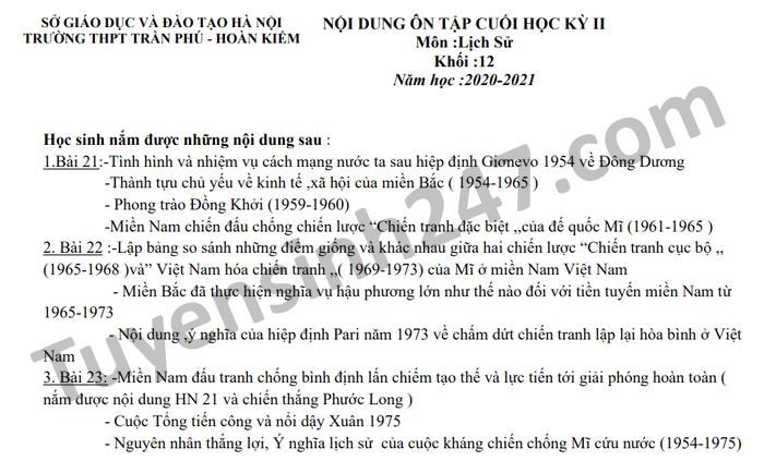 De cuong hoc ki 2 nam 2021 THPT Tran Phu-Hoan Kiem mon Su lop 12