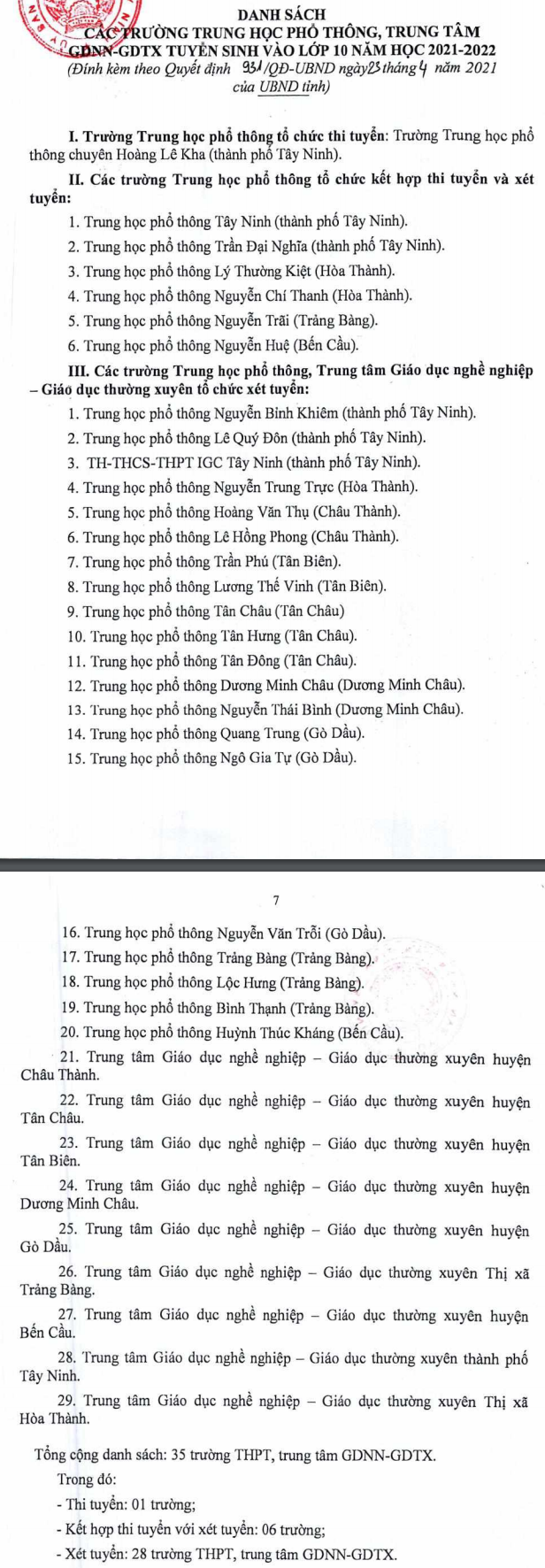 Phuong an tuyen sinh vao lop 10 tinh Tay Ninh 2021