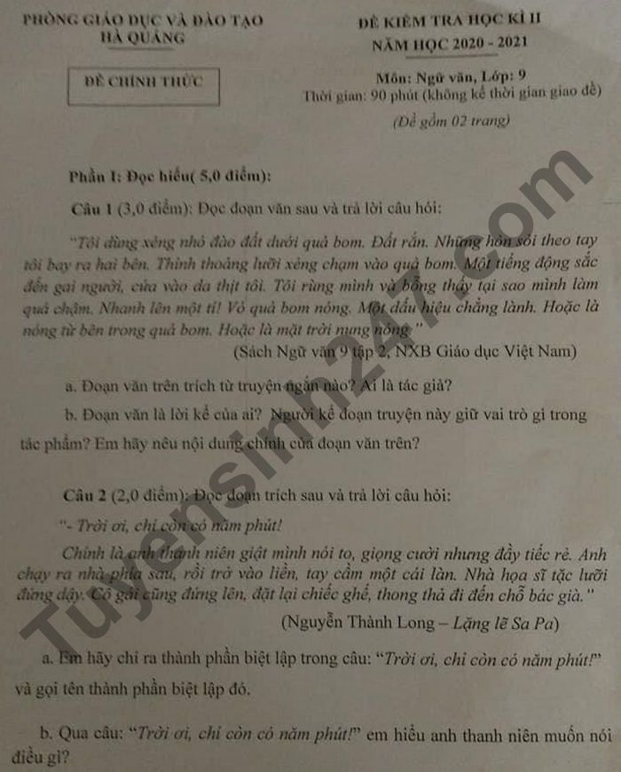 De thi hoc ki 2 lop 9 mon Van - Phong GD Ha Quang 2021