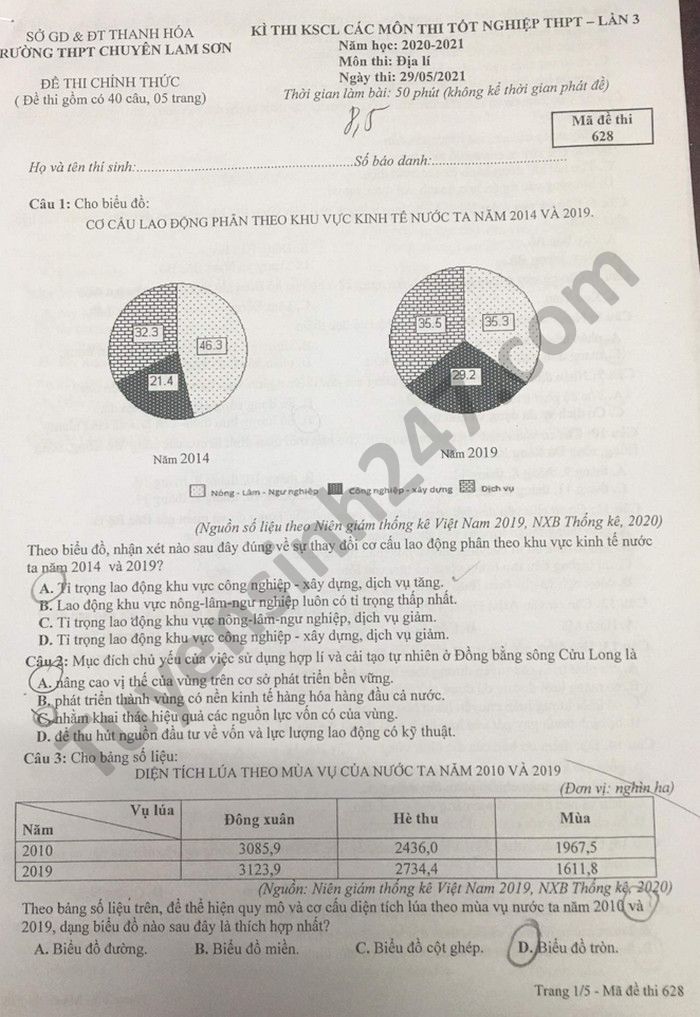 De thi thu tot nghiep THPT 2021 THPT chuyen Lam Son lan 3 mon Dia