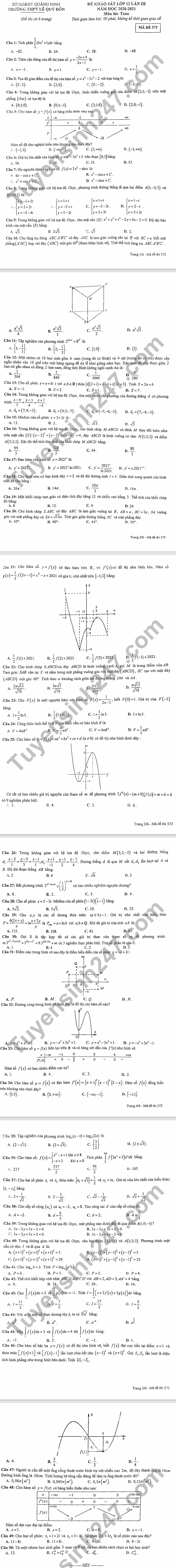 De thi KSCL lop 12 lan 3 mon Toan - THPT Le Quy Don 2021