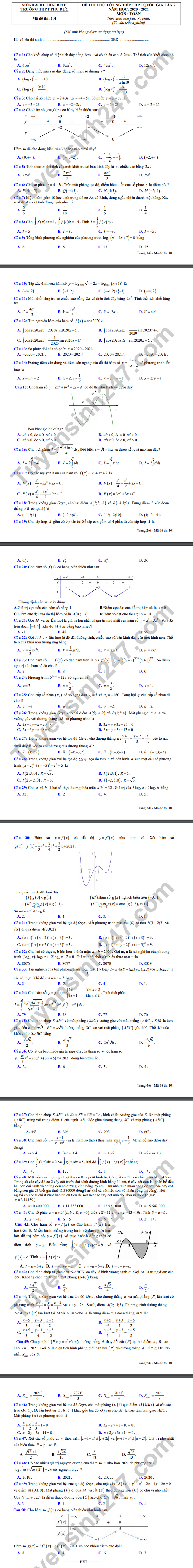 De thi thu tot nghiep THPT 2021 THPT Phu Duc mon Toan