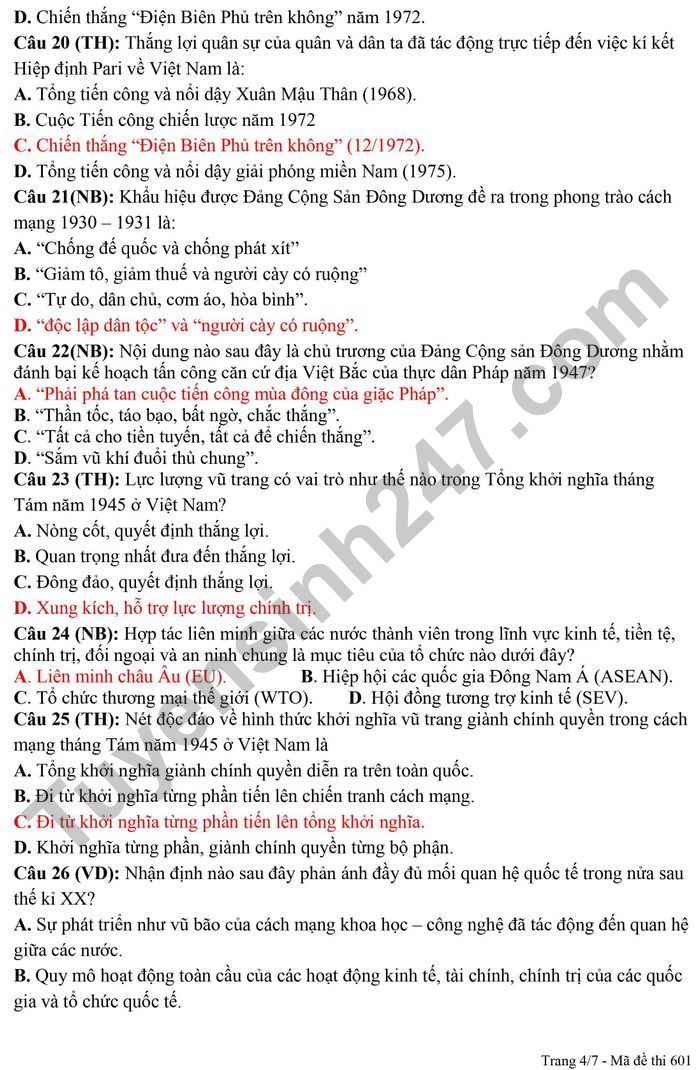 De thi thu tot nghiep THPT 2021 lan 6 mon Su - THPT Dao Duy Tu (Co dap an)