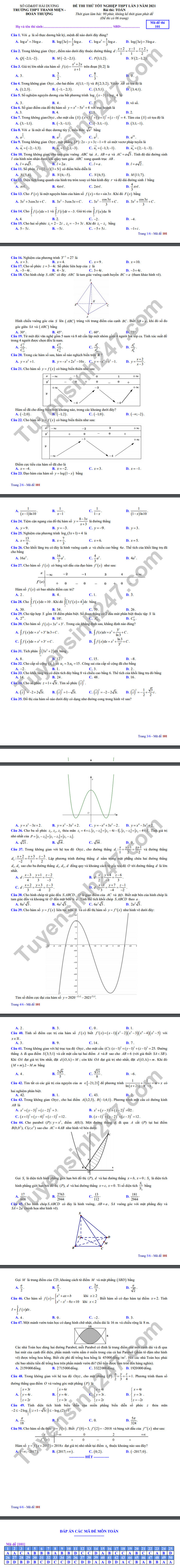 De thi thu tot nghiep THPT 2021 mon Toan lan 3 THPT Thanh Mien-Doan Thuong
