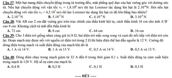 De khao sat chat luong dau nam mon Ly 12 - THPT Thuan Thanh 1 nam 2021