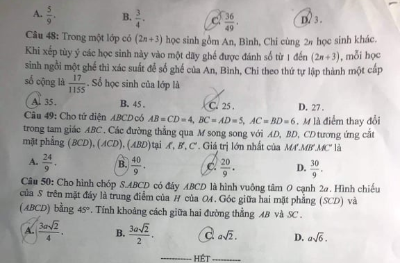 De khao sat chat luong dau nam mon Toan 12 - THPT Nguyen Viet Xuan 2021