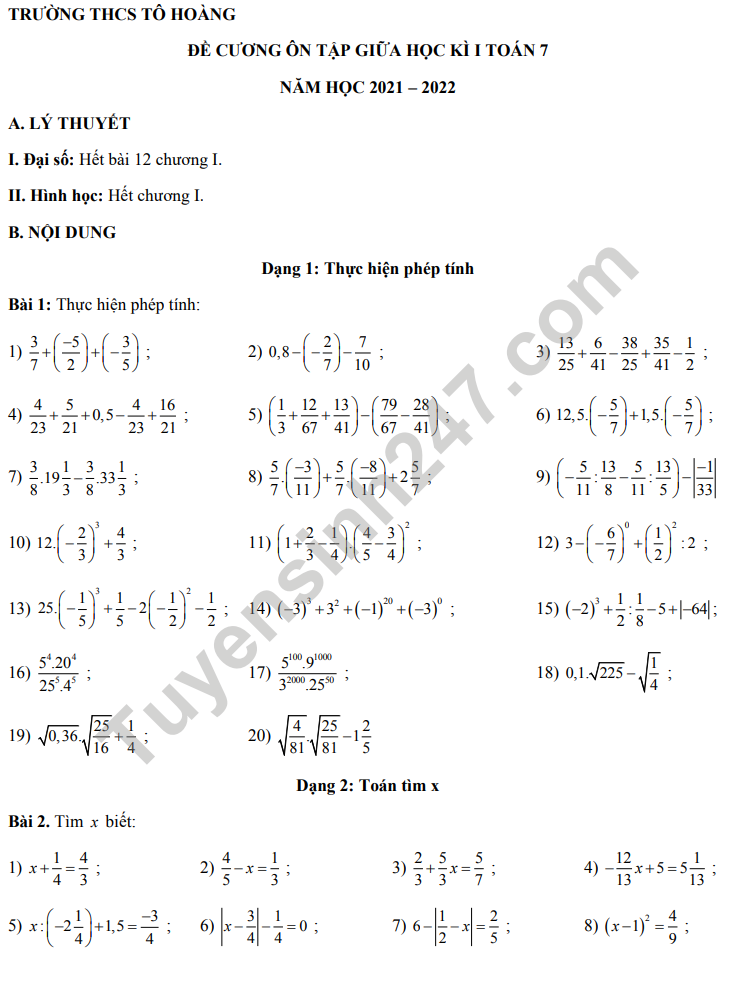 De cuong giua ki 1 lop 7 mon Toan 2021 - THCS To Hoang